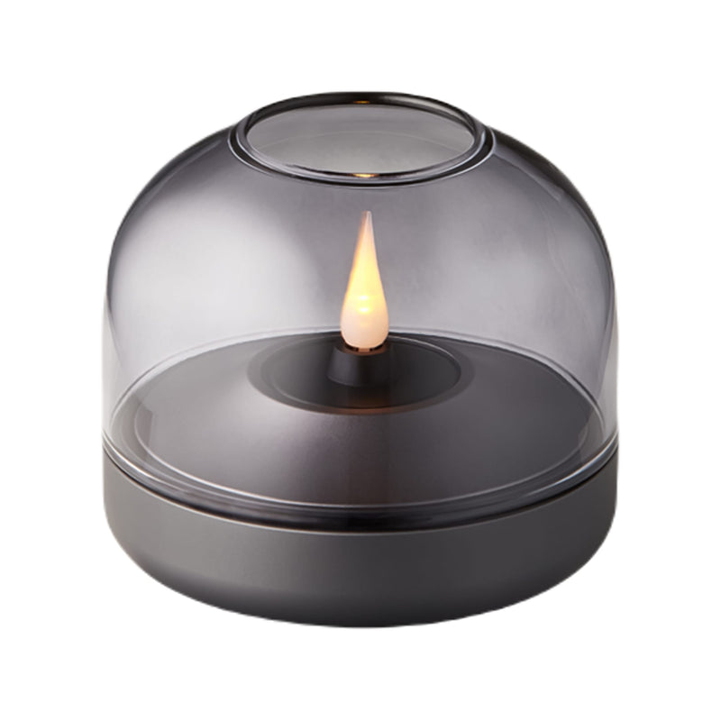 Kooduu Glow 08 candle holder in Smokey Grey: elegant Danish design with rechargeable LED candle for 100+ hours of safe ambiance.