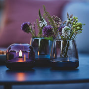 Glow 10 candle holder by Kooduu: luxurious brushed aluminum and handmade glass with over 100 hours of rechargeable LED light.