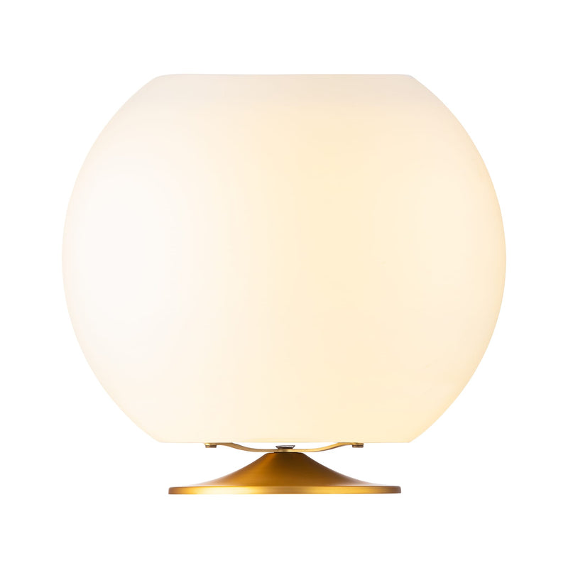 Kooduu Sphere Brass: Bluetooth 5.0 speaker lamp with warm LED light, brass stand, and dual wine bottle cooler for Canadian homes.