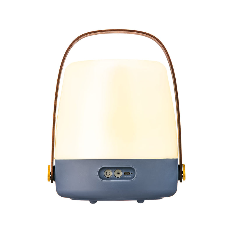 Lite-up LED lamp in Ocean Blue: portable Danish design with dimmable warm light, rechargeable battery, and a chic wooden handle.