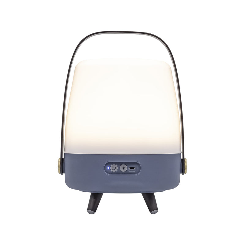 Kooduu Lite-up Play Mini in Ocean Blue: compact Bluetooth speaker lamp with JBL sound, warm LED light, and elegant wooden handle.