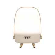 Kooduu Lite-up Play Mini in Sand: compact Bluetooth speaker lamp with JBL sound, warm LED light, and elegant wooden handle.