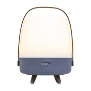 Kooduu Lite-up Play in Ocean Blue: JBL-powered Bluetooth speaker lamp with warm LED light, wooden handle, and elegant Scandinavian design.