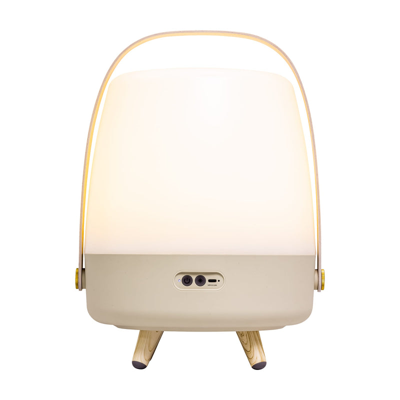 Kooduu Lite-up Play in Sand: JBL-powered Bluetooth speaker lamp with warm LED light, wooden handle, and elegant Scandinavian design.