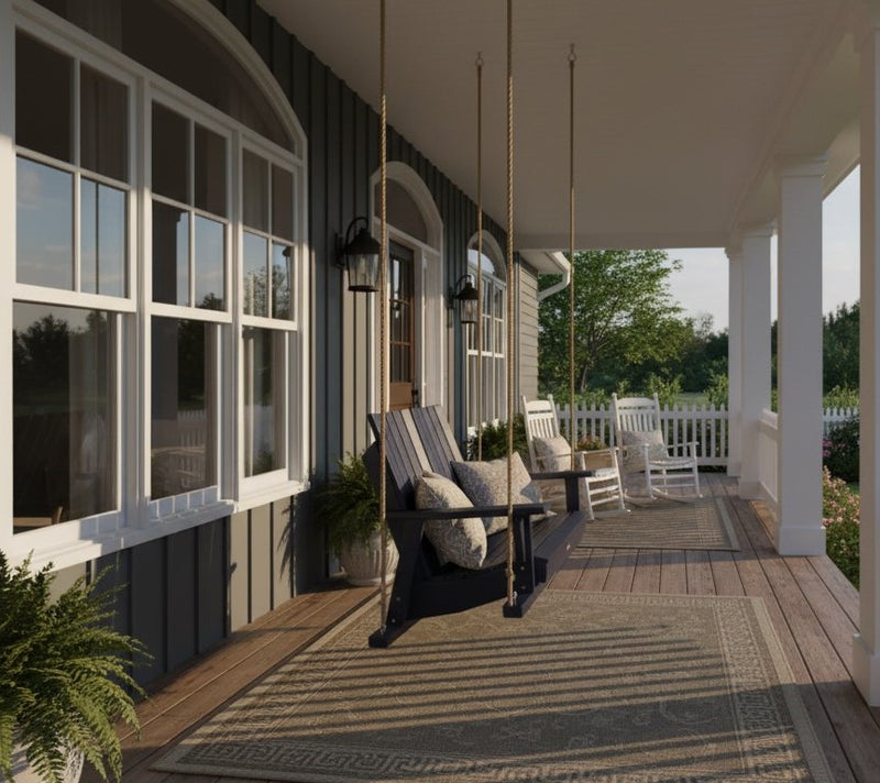 Krahn Porch Swing in Navy Blue hanging from a veranda with pillows on a sunny day