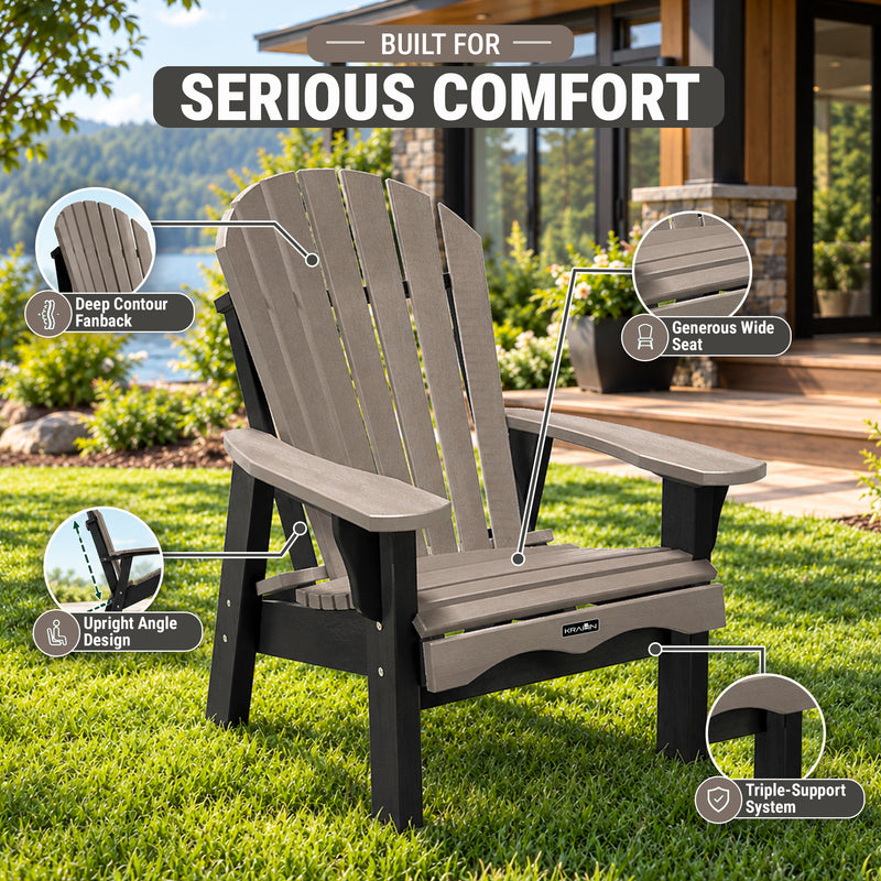 A gray and black outdoor Adirondack-style chair on a grassy lawn in front of a house, with callout circles and text highlighting features like deep contour fanback, generous wide seat, upright angle design, and triple-support system.