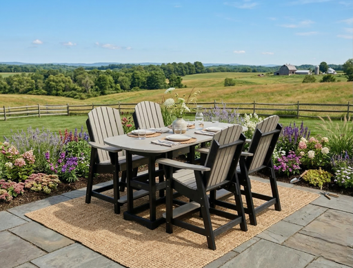 Krahn outdoor poly dining set with chairs and table on a patio with a scenic view of fields and trees.