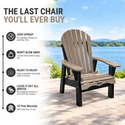 A Krahn Adirondack chair with a brown slatted back and seat and black legs, shown on a patio by the water with promotional text and feature icons on the left.