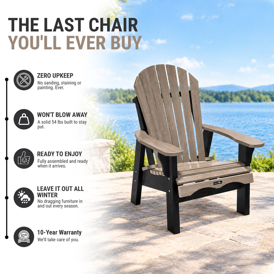 A Krahn Adirondack chair with a brown slatted back and seat and black legs, shown on a patio by the water with promotional text and feature icons on the left.