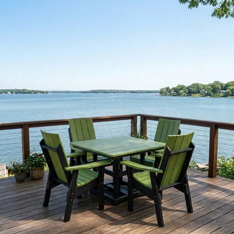 Krahn Dining Table with Krahn Modern Back Dining Chairs in the colour Lime with Black frame, on a deck overlooking the water