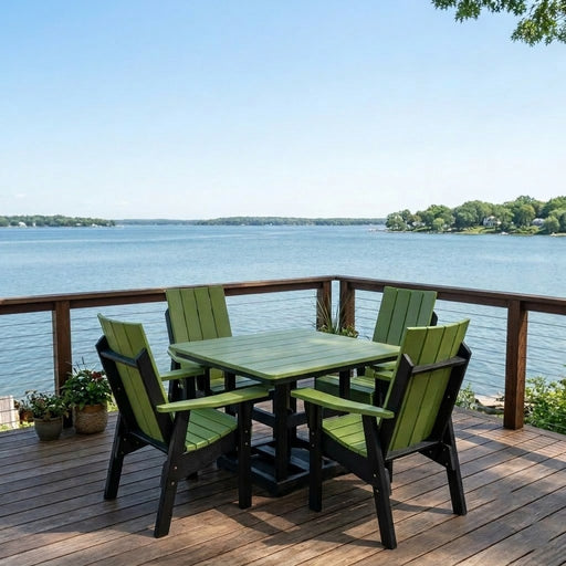 Krahn Dining Table with Krahn Modern Back Dining Chairs in the colour Lime with Black frame, on a deck overlooking the water