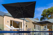 Frankford Cantilever Aurora 9 foot square Umbrella in a pool setting