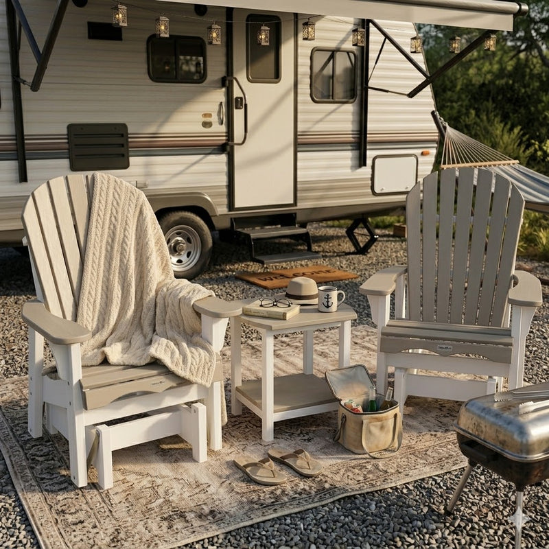 Two Krahn Outdoor poly patio gliders with a Krahn end table in an RV site setting