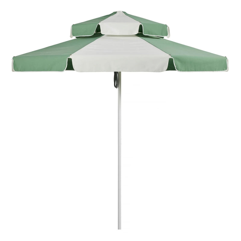 Basil Bangs Double Caspar Umbrella with a sleek all-white finish, UPF50+ sun protection, and robust construction for outdoor spaces.