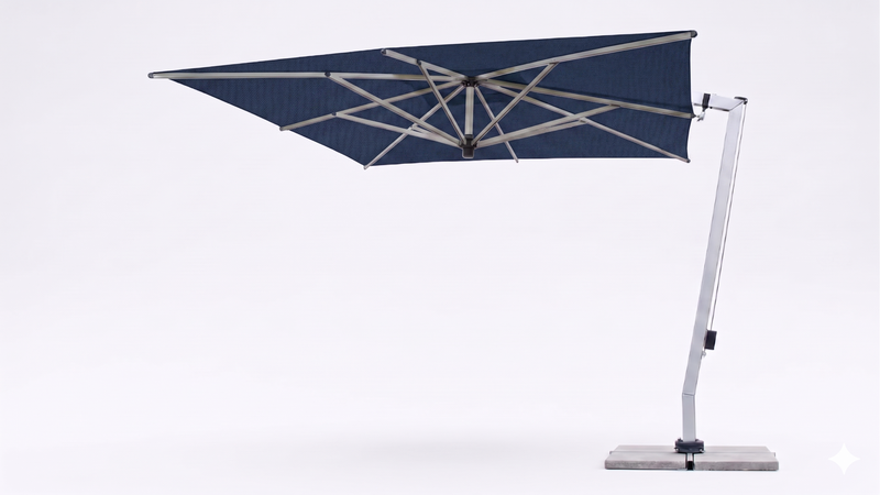 Blue FIM C09 offset patio umbrella with a white stand on a light gray background