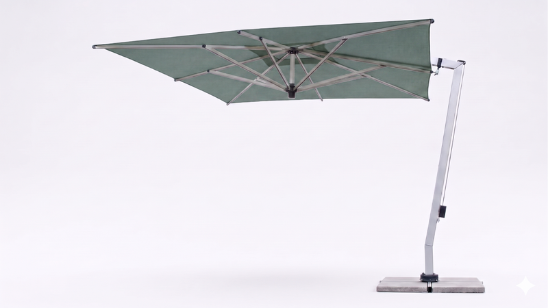 FiM C09 offset patio umbrella in Sunbrella spa with silver frame