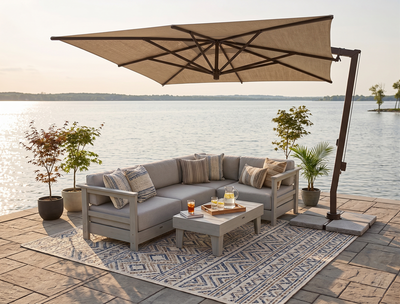 Krahn modular sectional with Sunbrella cushions with an FIM umbrella on a patio overlooking the water. 