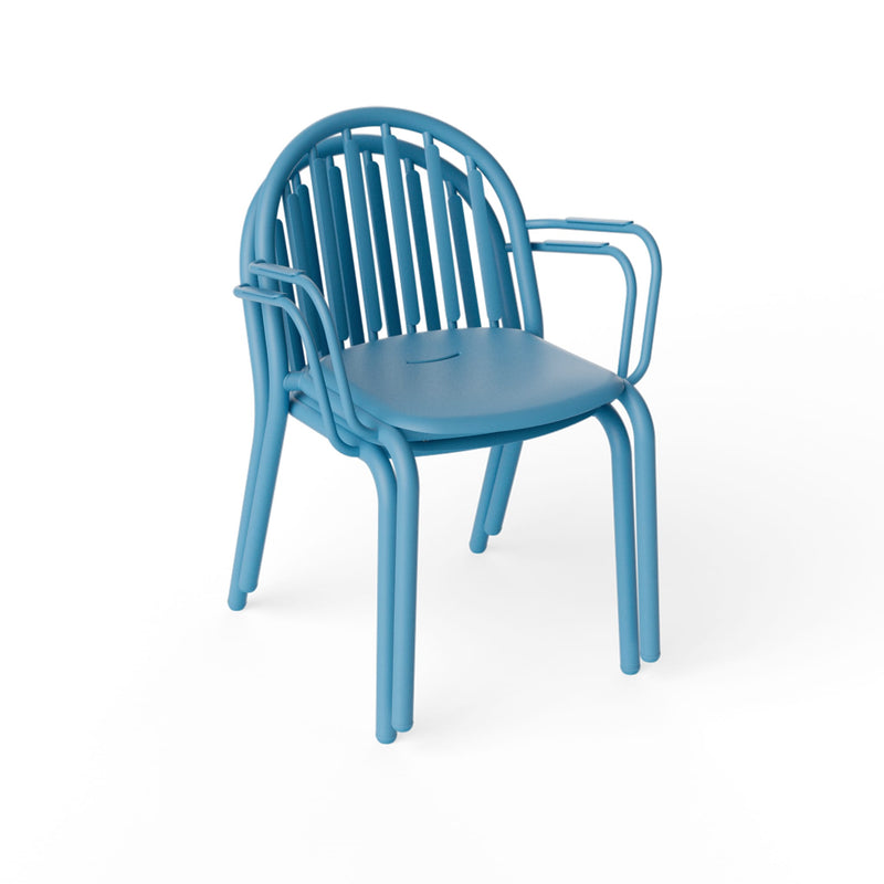 Lightweight Fred’s Armchair being stacked, highlighting its practical and space-saving design.