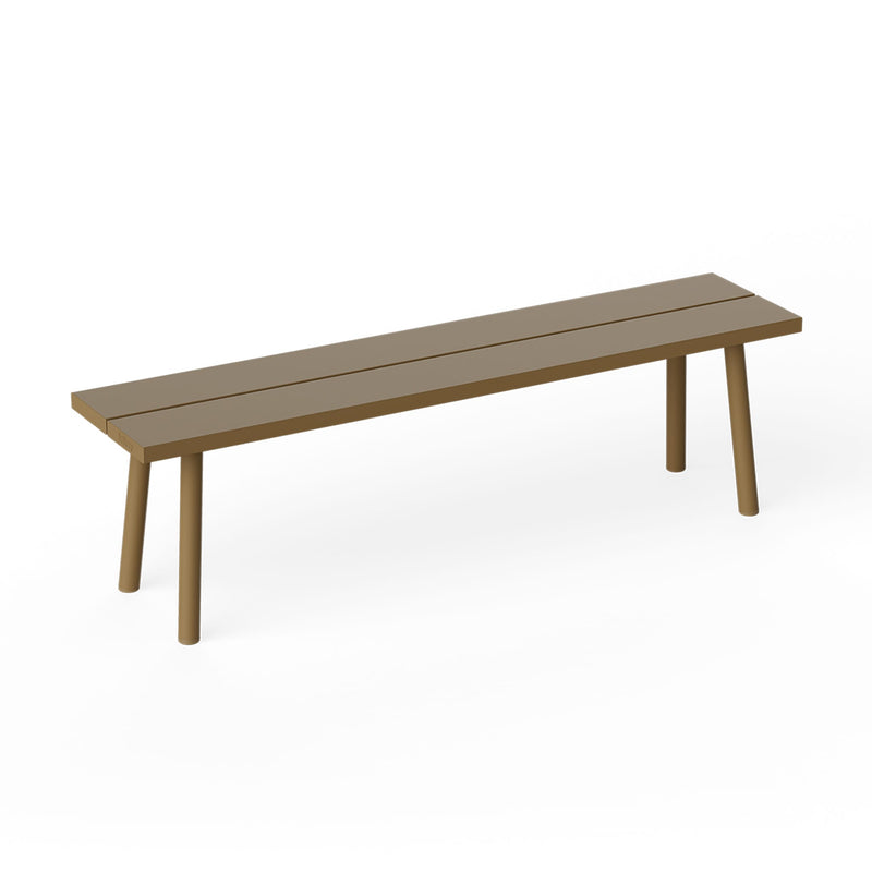 Fred’s Bench in mochaccino is a modern aluminum bench designed for relaxed outdoor seating.