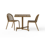 An outdoor bistro set in mochaccino with an 80×80 cm square table and two stackable chairs, designed for everyday outdoor use.