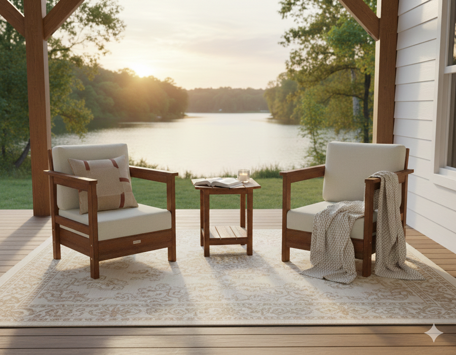 Two Krahn poly deep seat chairs with white sunbrella cushions on a deck overlooking a lake at sunset.