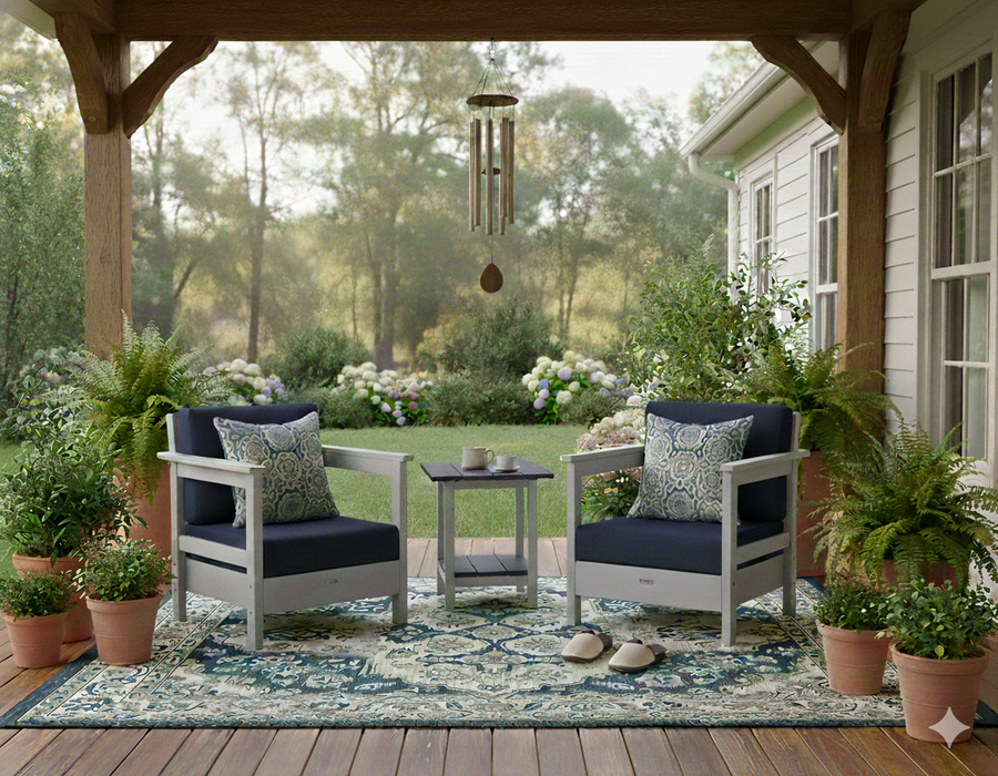 Outdoor patio with two Krahn Deep Seat chairs with Sunbrella cushions, an End Table, and decorative elements on a wooden deck.