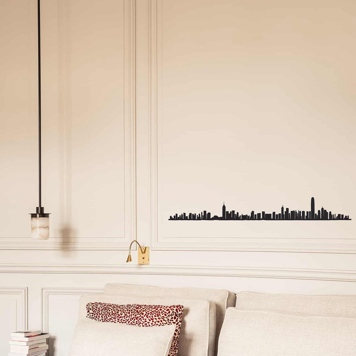 Minimalist Hong Kong Line art showcases the city&#39;s vibrant skyline, including the Convention and Exhibition Centre.