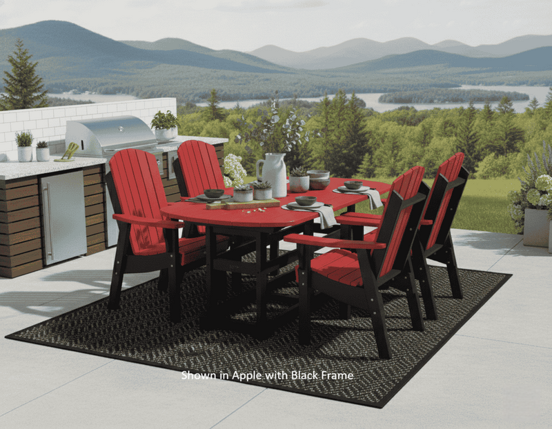 Krahn Outdoor 6' dining set with red krahn dining chairs and table on a patio with scenic view. My Outdoor Room Shediac