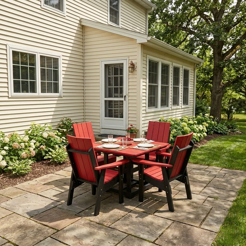 Krahn Dining Table 40"x40" with four Krahn Modern Back Dining Chairs in the colours Apple Red and Black on a backyard patio
