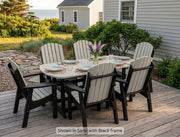 Krahn Dining Table Set 34" x 72" with 6 Classic Back Dining Chairs on a wooden deck with water in the background