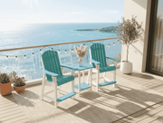 Krahn outdoor 3-piece poly bistro set with turquoise chairs and a bistro side table on a balcony overlooking water.