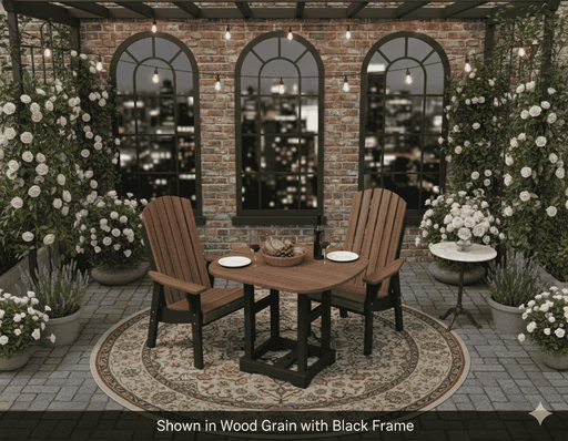 Outdoor patio setting with Krahn Dining table and chairs, potted plants, and a brick wall.