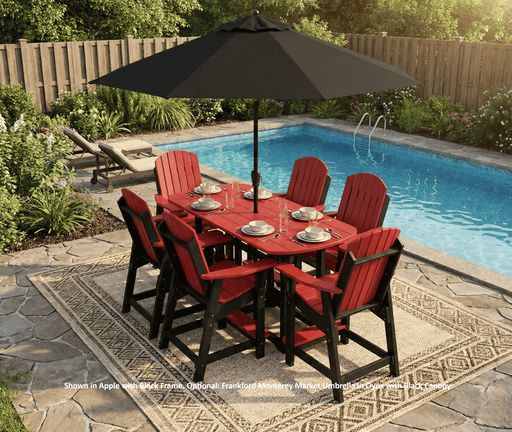 Krahn outdoor poly bistro table with 6 chairs on a patio by a pool in an outdoor garden setting