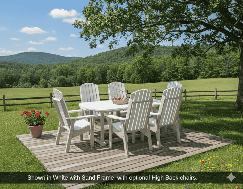 Krahn outdoor dining set with white chairs and table on a wooden deck, surrounded by greenery and mountains.