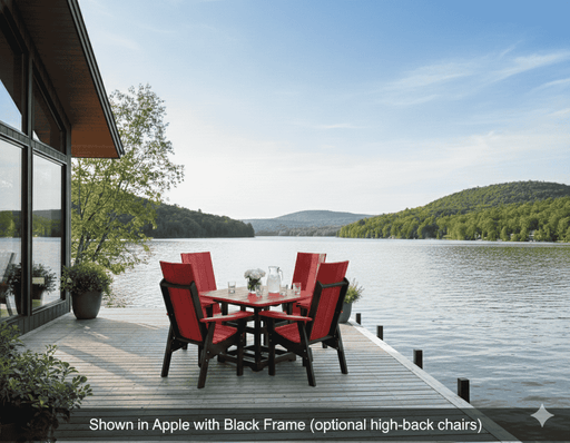 Krahn outdoor dining set on a deck at a cottage by a lake with scenic view