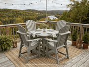Outdoor patio set with krahn outdoor poly bistro table and krahn bistro chairs on a deck overlooking a scenic landscape.