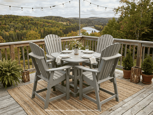 Outdoor patio set with krahn outdoor poly bistro table and krahn bistro chairs on a deck overlooking a scenic landscape.