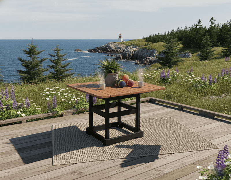 Krahn outdoor poly dining table on a deck with a scenic view of the ocean and lighthouse.