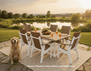 Krahn outdoor dining set with modern dining chairs and a dining table by a lake, featuring a dog.
