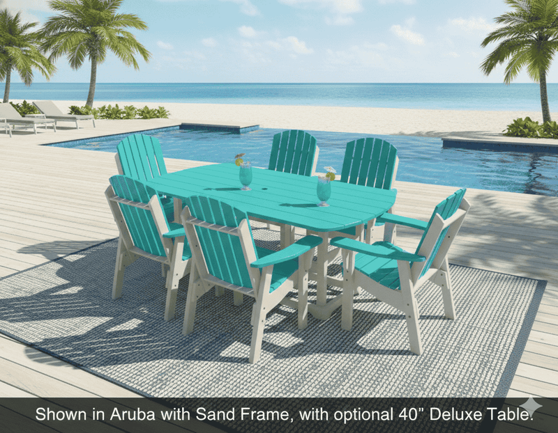 Krahn outdoor dining table set with a pool and beach in the background