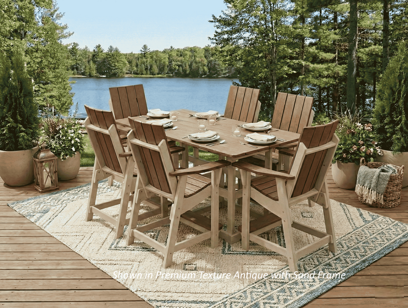 Krahn outdoor poly dining set on a deck with a lake and trees in the background