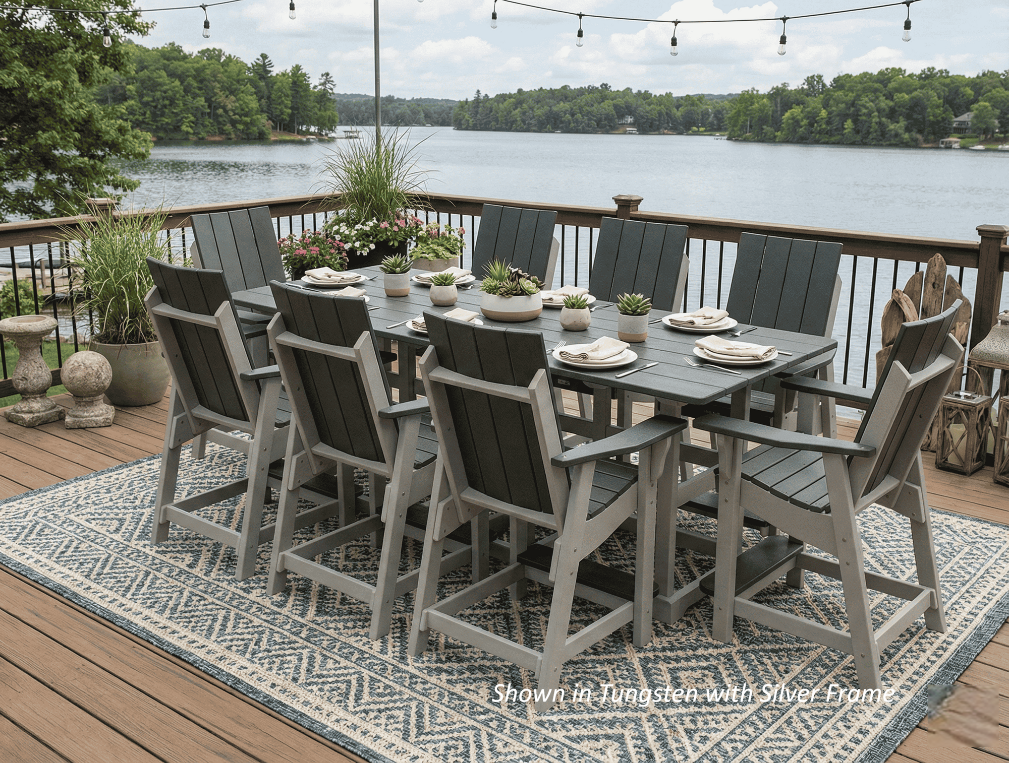 Krahn outdoor poly dining set on a deck with a lake view