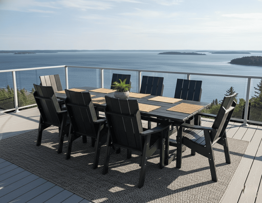 Krahn outdoor furniture. Krahn 8' dining table set on a deck with a scenic view of water and sky. 