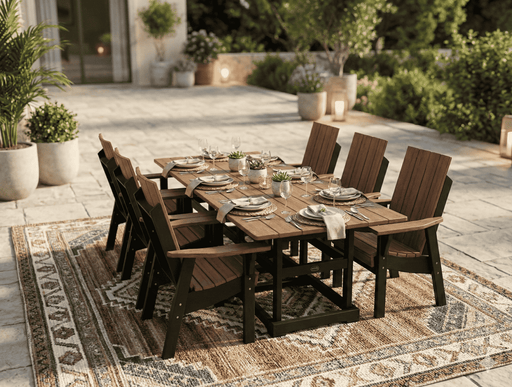 Krahn outdoor furniture dining setup with poly table and chairs on a patio.
