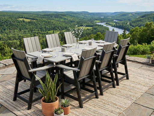 Krahn outdoor poly table and chairs on a patio overlooking a valley in New Brunswick