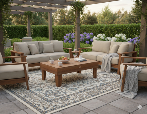 Poly Coffee table in an outdoor setting on an area rug by outdoor deep seating
