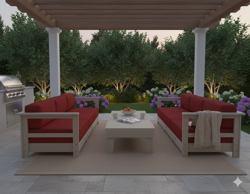 Poly Coffee Table sitting between deep seat sofas under a  pergola in an outdoor setting
