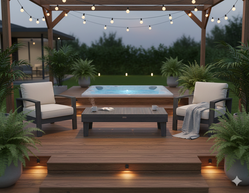 A Krahn recycled poly coffee table between two outdoor patio chairs by a hot tub on an outdoor deck. See it at My Outdoor Room in Shediac, NB.