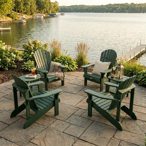 Four Krahn Adirondack Deluxe chairs with two Krahn end tables on a waterfront patio