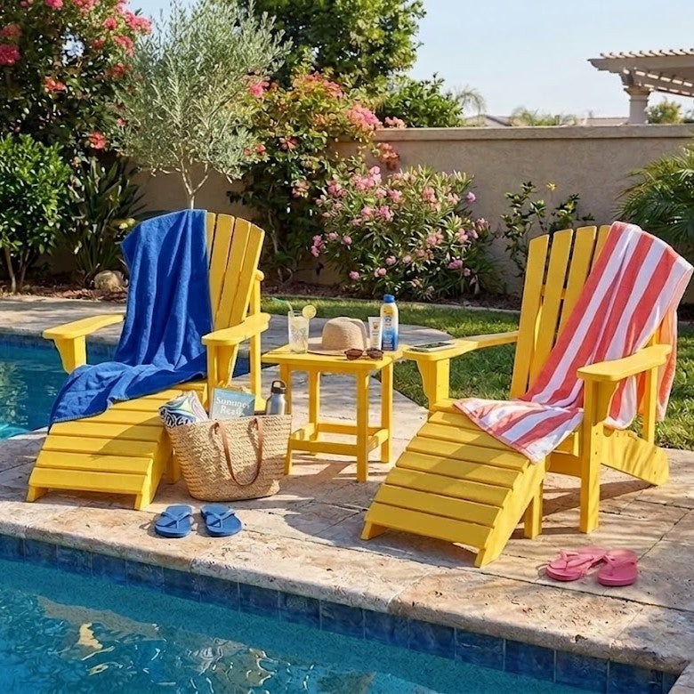 Two yellow Krahn Adirondack Classic chairs with footrests and end table in a backyard pool setting 